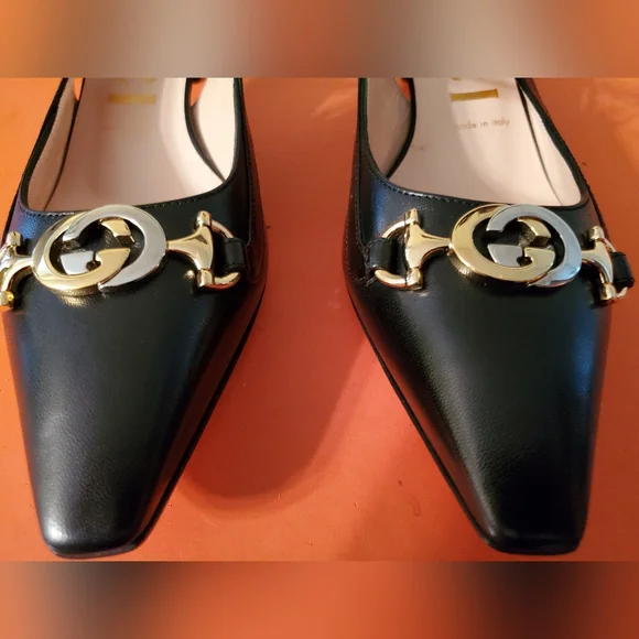 Gucci Zumi Black Leather Horsebit GG Pointed Toe Slingback Kitten heels - Picture 2 of 11